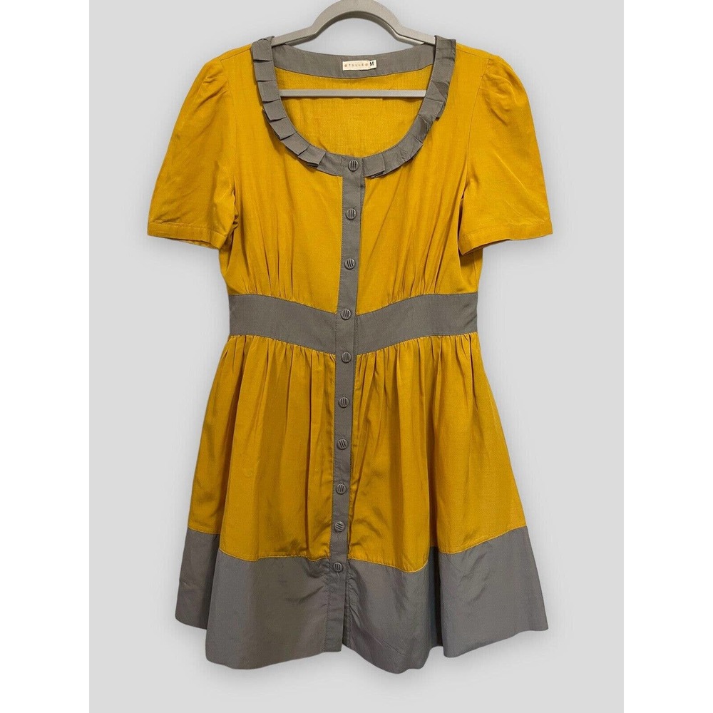 Tulle Anthropologie A line  Dress Mini Mustard Yellow Gray Pleated Button Down